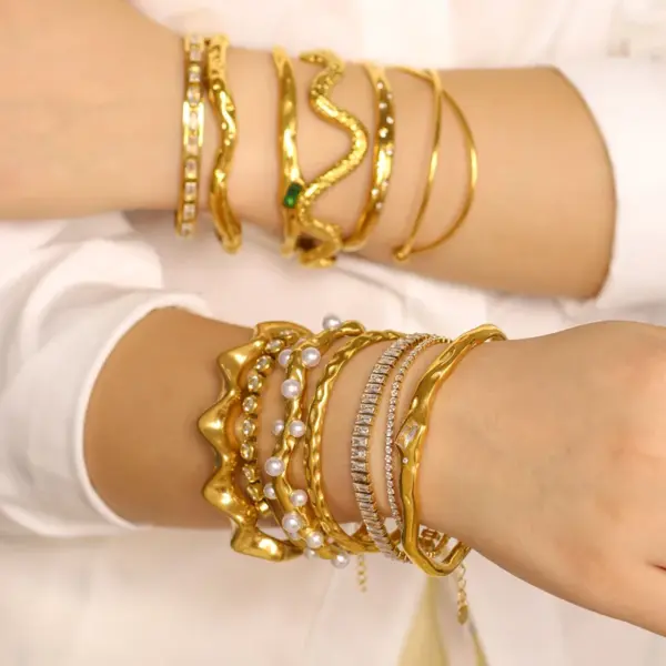 Wholesale 304 Stainless Steel Geometric Round Square PVD Coated Artificial Pearls Rhinestones Zircon 18K Gold 18K Real Gold Plated Real Gold Plated Glam Classic Style Waterproof Non Tarnish Asymmetrical Polishing Gold Cuff Bracelets Bangle