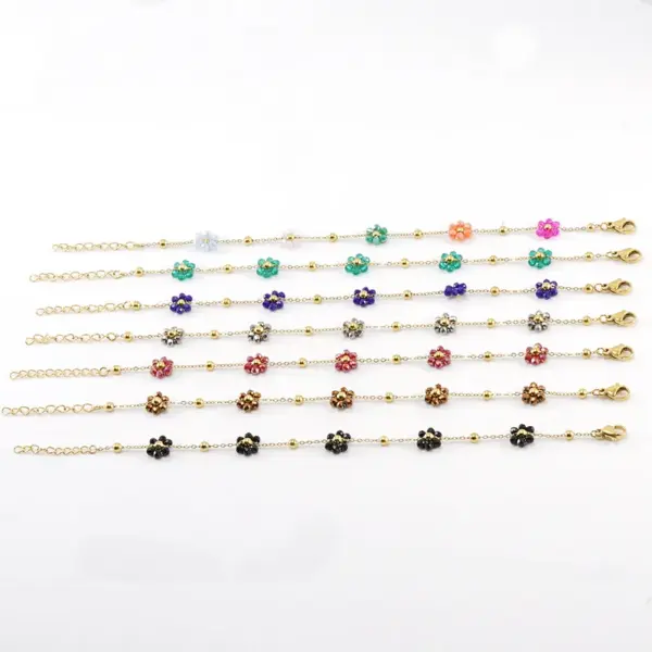 Wholesale Fashion Flower Artificial Crystal Titanium Steel Beaded Plating 18k Gold Plated Bracelets Necklace