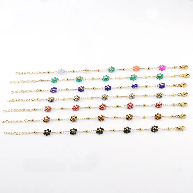 Wholesale Fashion Flower Artificial Crystal Titanium Steel Beaded Plating 18k Gold Plated Bracelets Necklace