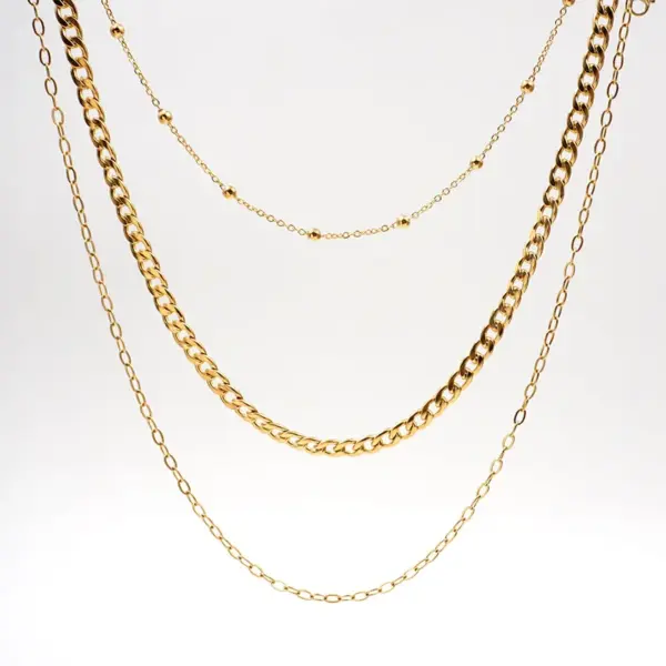 Wholesale Ferroalloy Solid Color Vacuum Plating Real Gold Plated Modern Style Classic Style Waterproof Non Tarnish Handmade Plating Cuban Link Chain Gold Three Layer Necklace