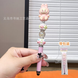 Stylus pen + 0.5mm pen tip / Pink Labubu - Gold Powder Beads