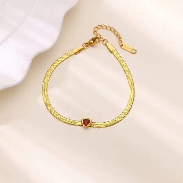 Versatile Heart Shaped Birthday Stone Flat Snake Chain Bracelet 18K Gold Plated Snake Skin Minimalist Creative INS Style Women's Bracelet