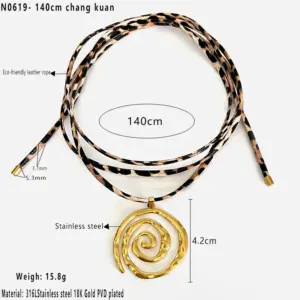 Gold 140cm Leather Leopard Spiral Necklace / One Size