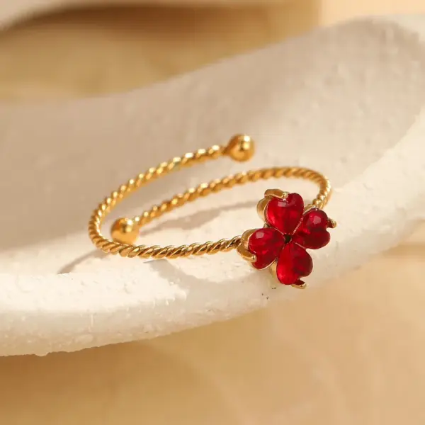 Wholesale PVD Coated Real Gold Plated Four Leaf Clover 304 Stainless Steel Basic Retro Modern Style Waterproof Non Tarnish Adjustable Ring