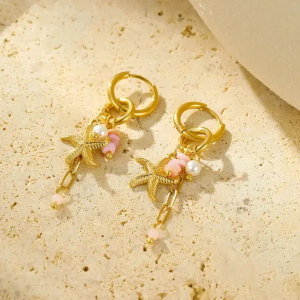 Wholesale PVD Coated Real Gold Plated 18K Gold Starfish Conch 304 Stainless Steel Vacation Waterproof Non Tarnish Earrings