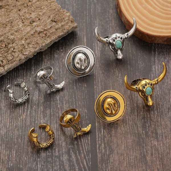 Wholesale Retro Western Cowboy Alloy Boots, Hat, Bull Head and Horseshoe Set, Ring