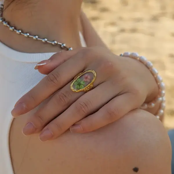 Wholesale Jewelry Elegant Retro Dried Flower 304 Stainless Steel PVD Coated Plating Open Rings