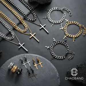Wholesale Jewelry Original Design Cross Titanium Steel Plating Jewelry Set Cuban Link Chain Curb Chain