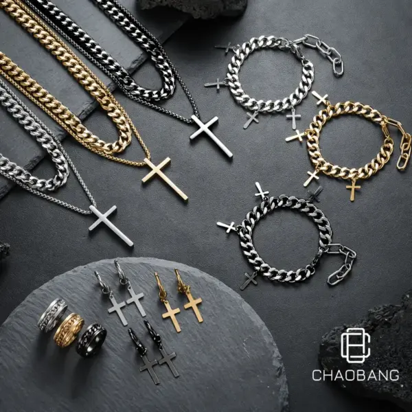 Wholesale Jewelry Original Design Cross Titanium Steel Plating Jewelry Set Cuban Link Chain Curb Chain