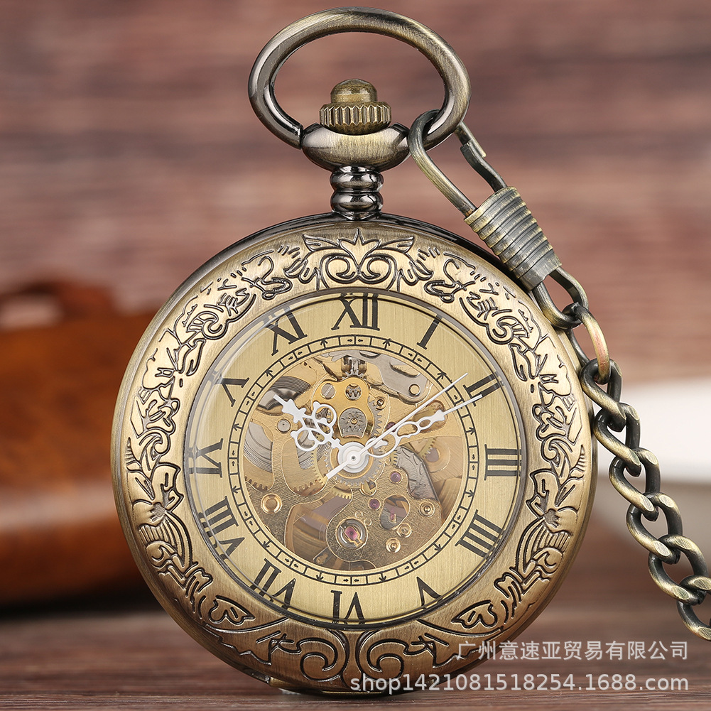 Wholesale Flip Retro Transparent Cover Carved Magnifier Automatic Engraving Mechanical cket Watch Roman Numerals Foreign Trade Hot Sale