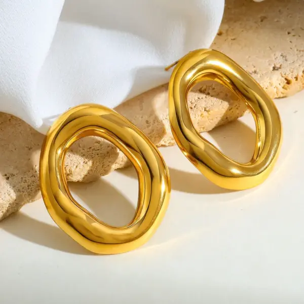 Wholesale Vacuum Electroplating (In Furnace) Plated 18K Real Gold Geometric Oval 304 Stainless Steel Stud Earrings Vintage Novelty Design