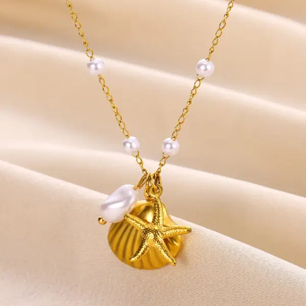 PVD Coated Real Gold Plated Starfish Shell 304 Stainless Steel Basic Modern Style Classic Style Waterproof Non Tarnish 304 Stainless Steel Lobster Trigger Clasp Closure Pendant Necklace