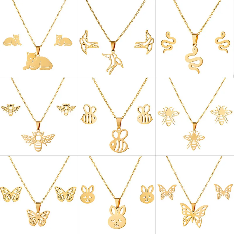 Wholesale PVD Coated Real Gold Plated Animal Stainless Steel Fashion Waterproof Non Tarnish Earrings Necklace