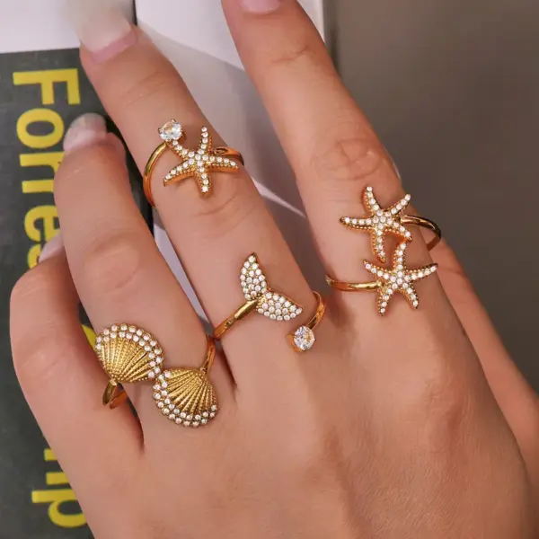 Wholesale Stainless Steel Open Ring Fish Tail Starfish Shell 5A Zirconia True Gold Plated Ocean Series Index Finger Jewelry Luxury Romantic