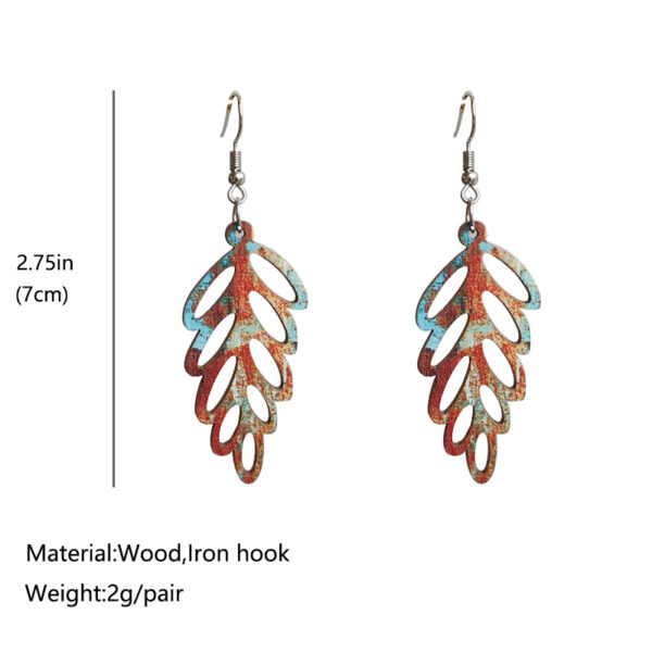 Wholesale Colorful Bohemian retro distressed hollow leaf wood earrings
