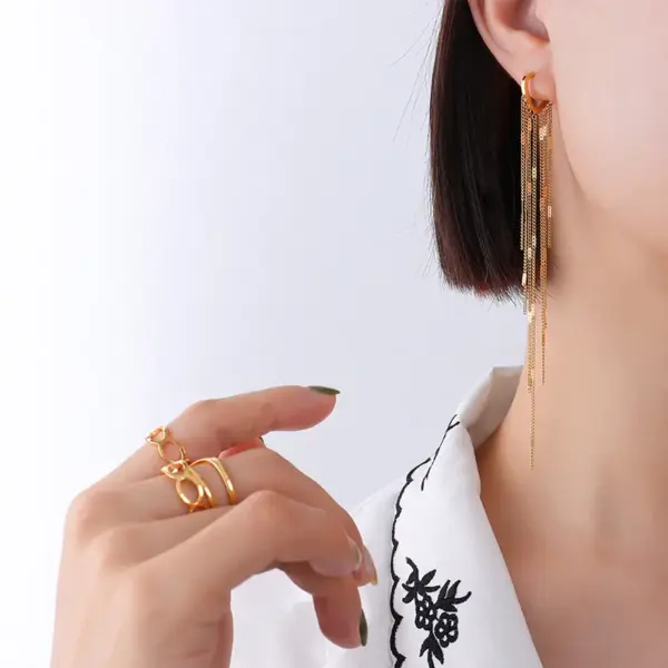 PVD Coated Real Gold Plated Geometric Tassel Titanium Steel Fashion Waterproof Non Tarnish Drop Earrings