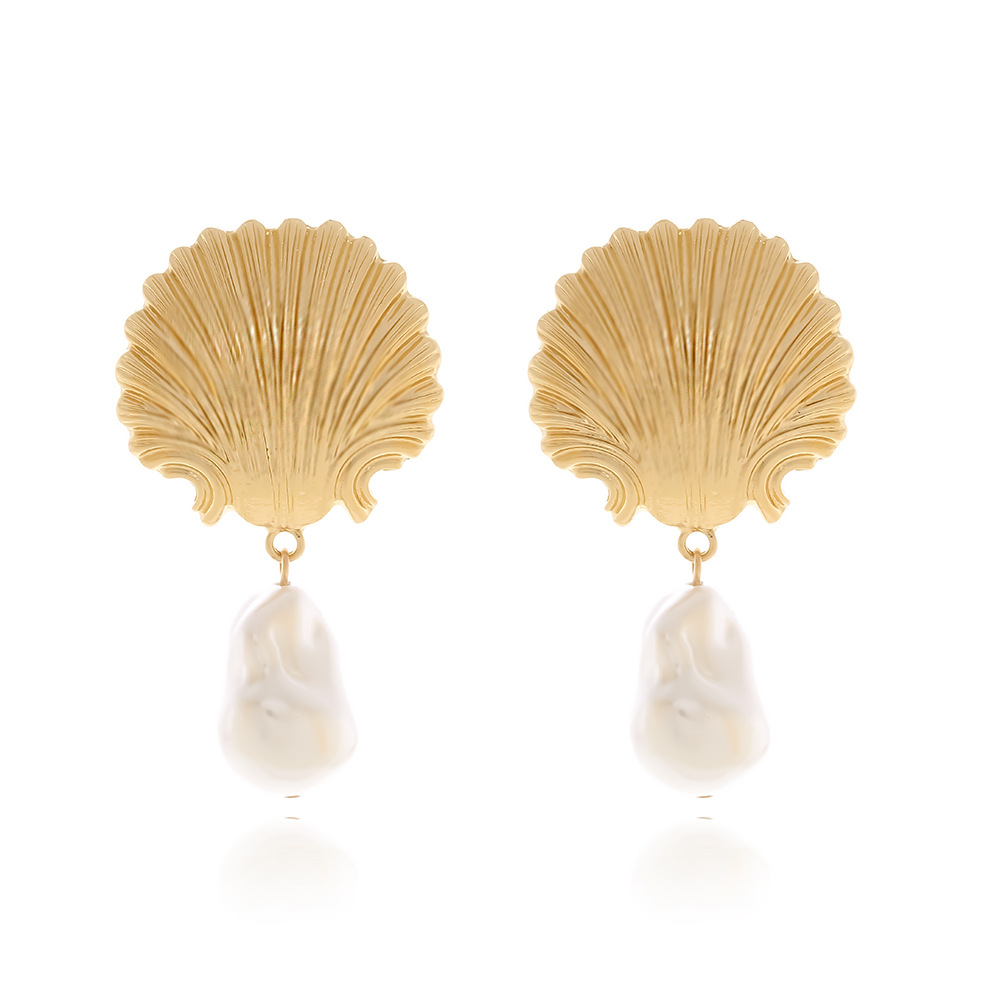 Wholesale ZA Exaerated Holiday Style Alloy Shell Baroque Pearl Pendant Earrings European and American Beach Style Animal Earrings Cross Border