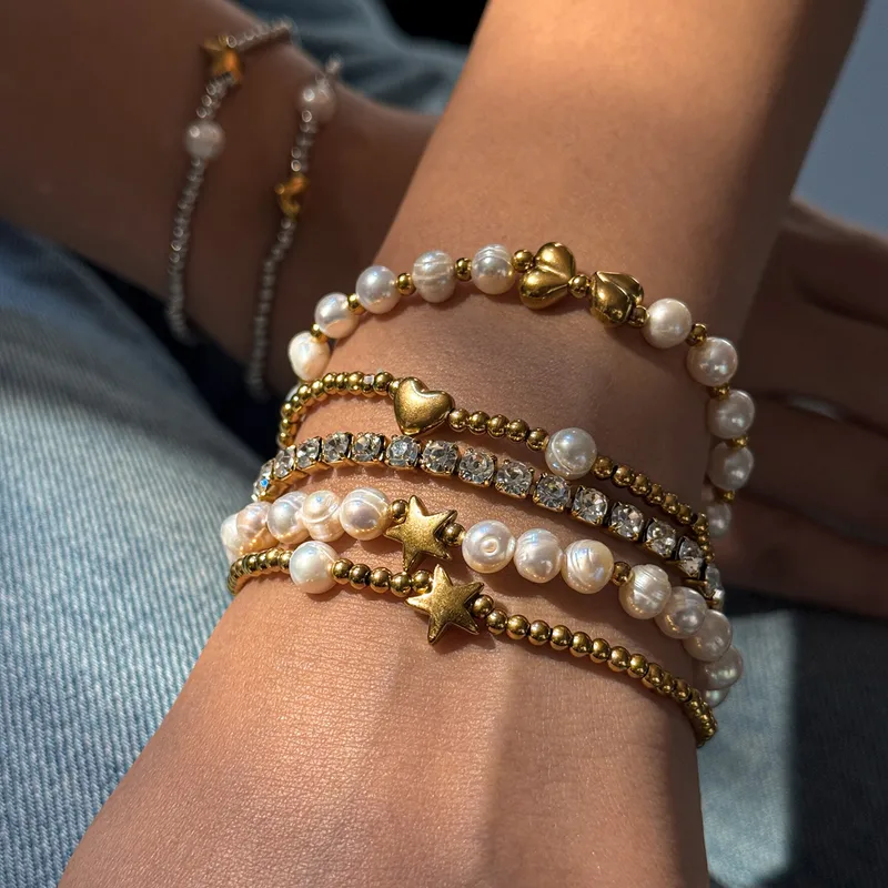 Wholesale 304 Stainless Steel Vacuum Electroplating (In Furnace) Plated 18K Real Gold Freshwater Pearl Star Love Shape No Inlaid Material Luxury Class