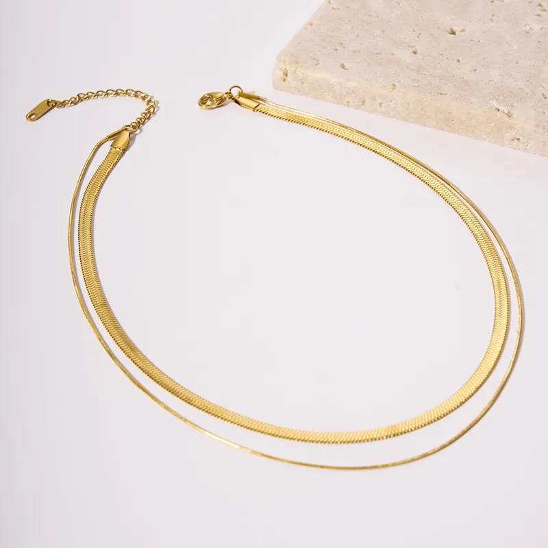 Wholesale PVD Coated Real Gold Plated 18K Solid Color 304 Stainless Steel IG Style Simple Waterproof Non Tarnish Double Layer Necklaces