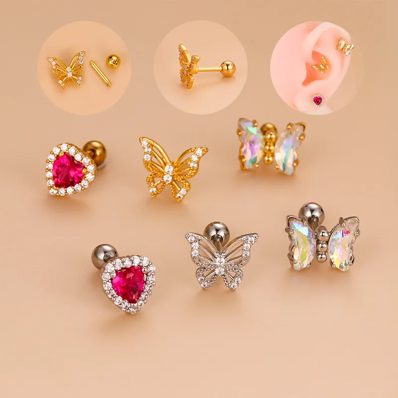 Wholesale 1 Piece 316L Stainless Steel Copper Zircon Ear Cartilage Rings & Studs Heart Shape Butterfly Waterproof Non Tarnish Surgical Steel