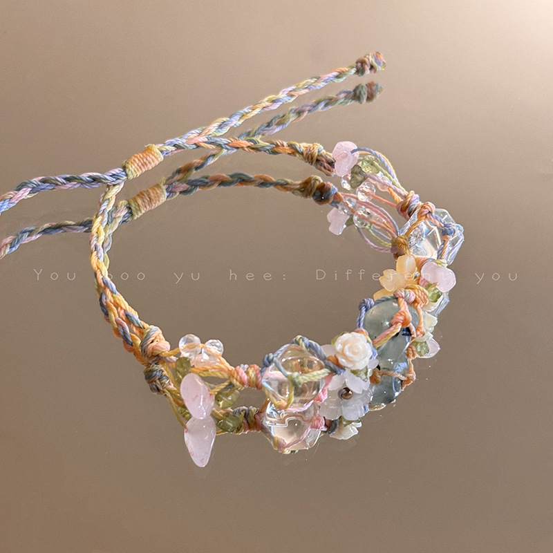 Wholesale New Chinese Style Mori Style Hand Woven Colorful Flower Bracelet Light Luxury Small High Color Irregular Natural Stone Hand Rope