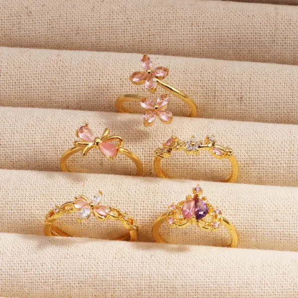 Wholesale Jewelry Cute Romantic Sweet Colorful Heart Shape Petal Copper Artificial Rhinestones Artificial Diamond Rhinestones Inlay Open Rings