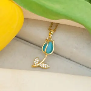 Blue Cat Eye Rose Necklace / Gold