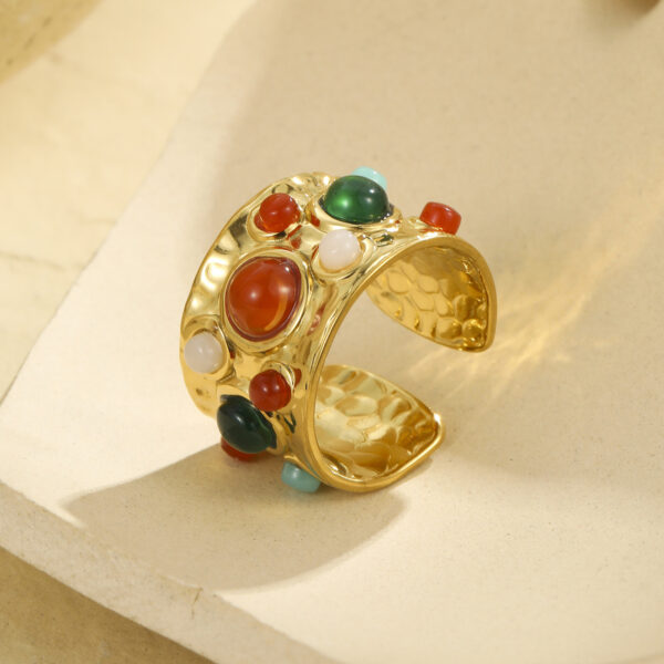 Wholesale Cross-Border Hot-Selling French Palace Style Multi-Precious Stone Open Ring Retro Medieval Niche Design Stainless Steel Does Not Fade