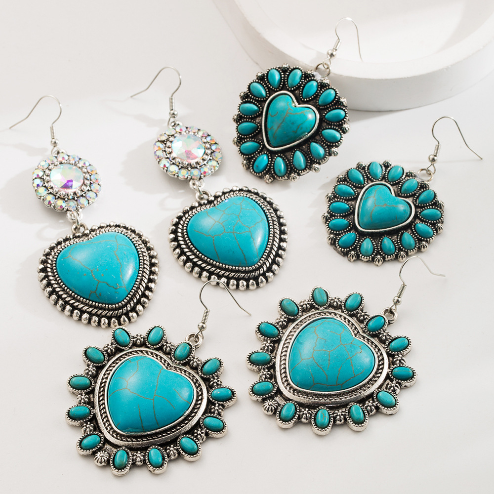 Wholesale European and American New Turquoise Earrings Large and Small Edition Love Retro Ethnic Style Earrings Antique Temperament Ethnic Style Earri