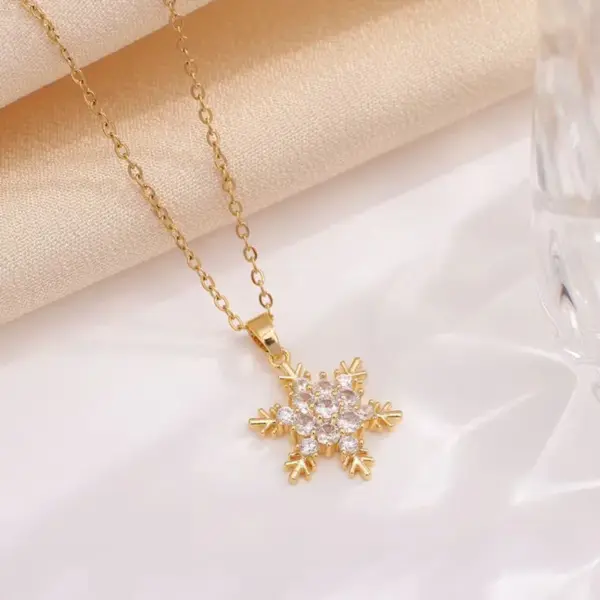 Wholesale 201 Stainless Steel Copper Plating Inlay Snowflake Zircon Pendant Necklace