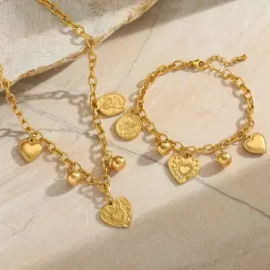 Ion Plating (IP) 18K Gold Plated Geometric Heart Shape Ball 304 Stainless Steel Casual Elegant Artistic Multi Charms Bracelet Necklace