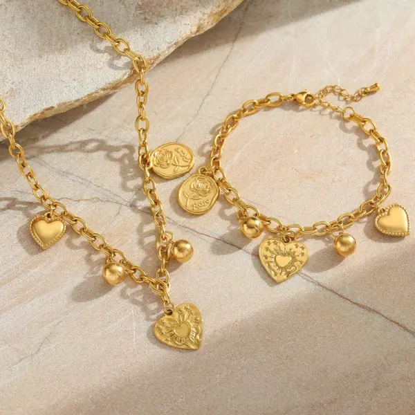 Ion Plating (IP) 18K Gold Plated Geometric Heart Shape Ball 304 Stainless Steel Casual Elegant Artistic Multi Charms Bracelet Necklace