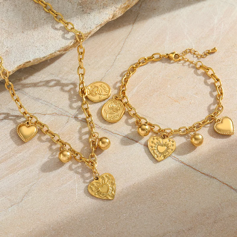 Wholesale Ion Plating (IP) 18K Gold Plated Geometric Heart Shape Ball 304 Stainless Steel Casual Elegant Artistic Multi Charms Bracelet Necklace