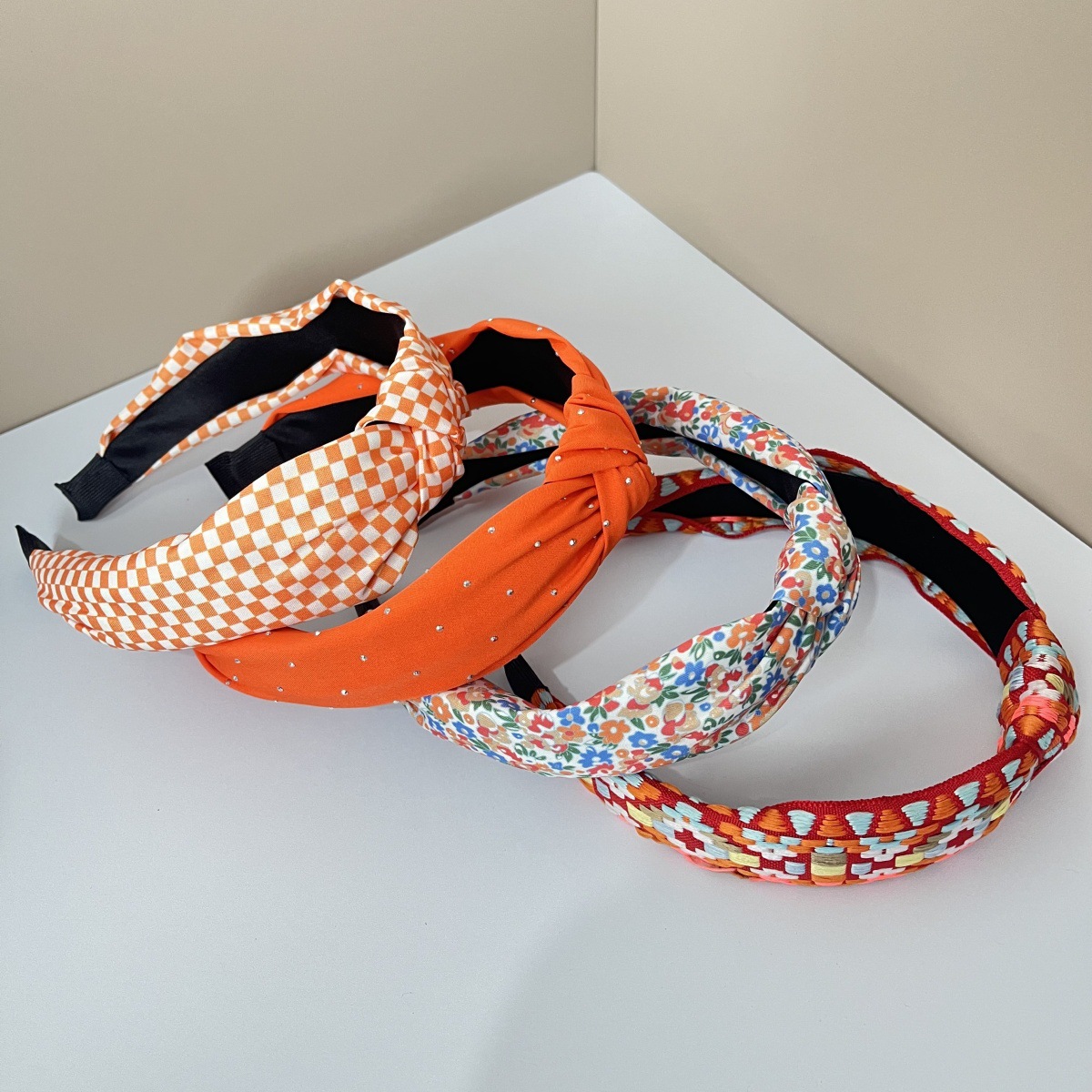 Wholesale Fabric Pure Flower Ft Lemon Orange Cherry Wide Edge Knotted Headband Combination