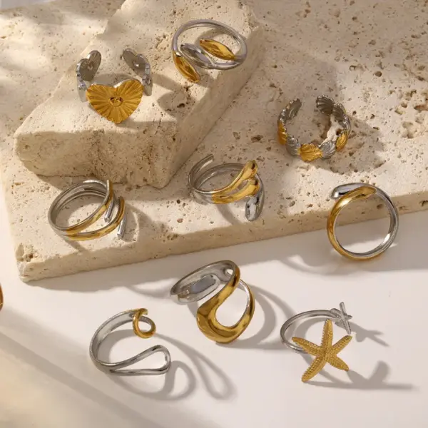 Real Gold Plated Starfish Heart Shape Flower 304 Stainless Steel Casual Waterproof Non Tarnish Open Rings
