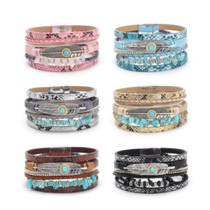 Wholesale Bohemian style gravel feather leather women's bracelet creative vintage feather turquoise magnet buckle bracelet