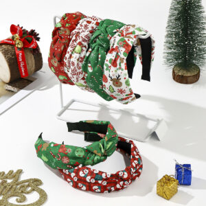 Wholesale Fabric knotted Santa Claus gift pine snowflake green red striped plaid solid color knotted wide headband