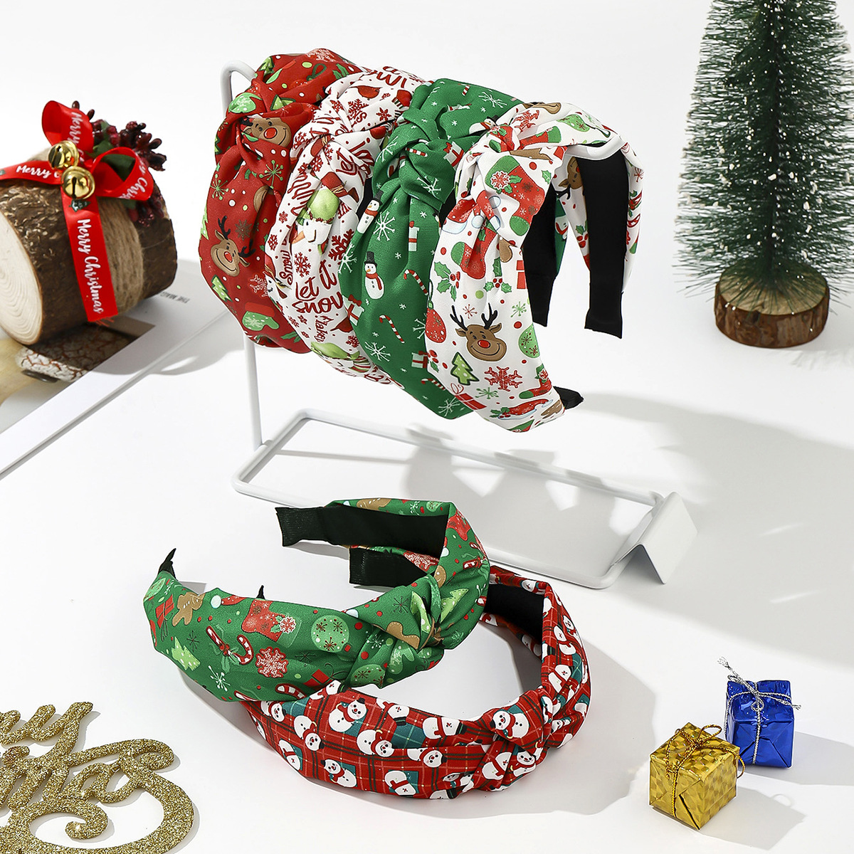 Wholesale Fabric knotted gift pine snowflake green red striped plaid solid color knotted wide headband