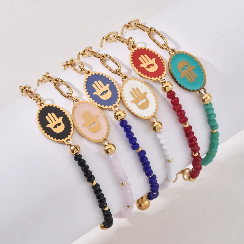 Wholesale Streetwear Devil's Eye Palm Stainless Steel Crystal Beaded Plating Bracelets