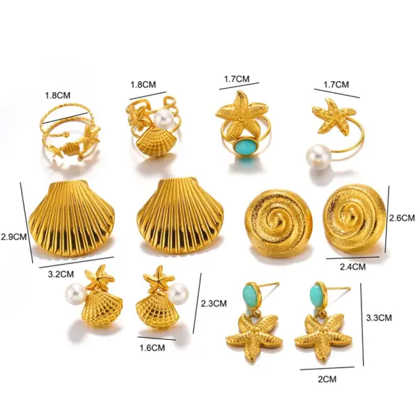 Wholesale Ion Plating (IP) 18K Gold Plated Starfish Shell 304 Stainless Steel Beach Waterproof Non Tarnish Rings Earrings