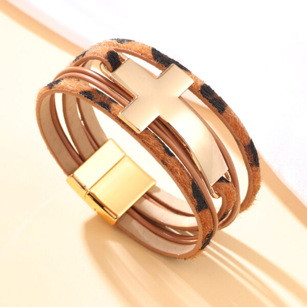Wholesale Layered leather wide cross bracelet with magnetic clasp