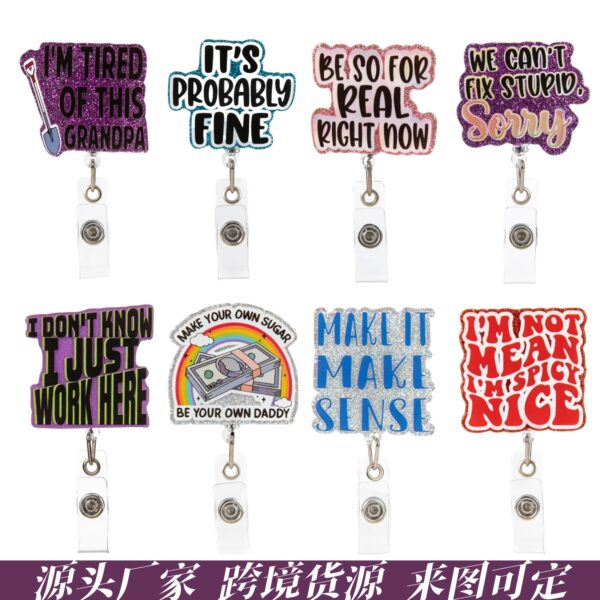 Wholesale Cross-border acrylic interesting English sentences easy to pull buckle badge clip buckle doctor nurse telescopic buckle easy to pull