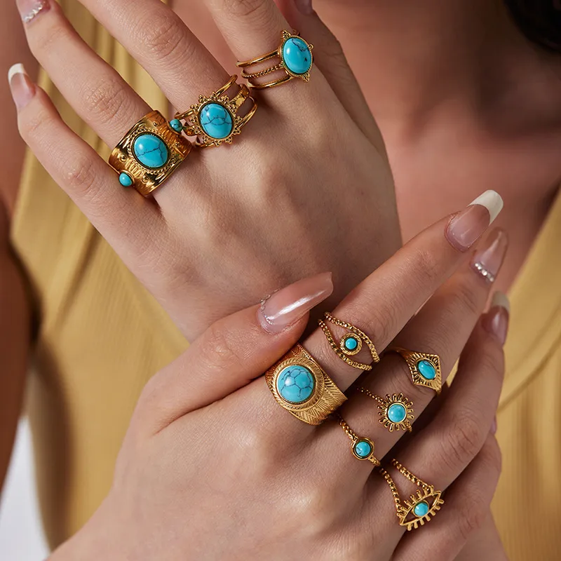 Wholesale PVD Coated Real Gold Plated 18K Gold Water Droplets 304 Stainless Steel Retro Waterproof Non Tarnish Open Rings