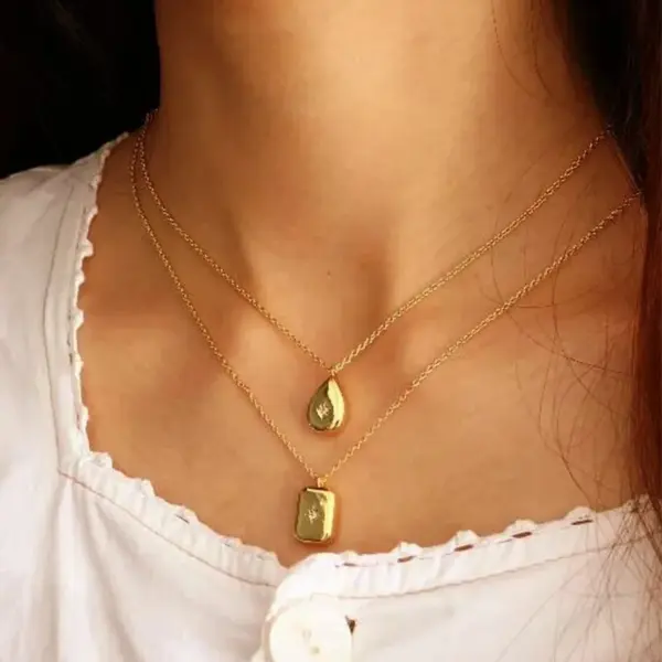 304 Stainless Steel Square Heart Shape PVD Coated Rhinestones Real Gold Plated Retro Simple Style Waterproof Non Tarnish Surgical Steel Cable Chain Gold Pendant Necklace