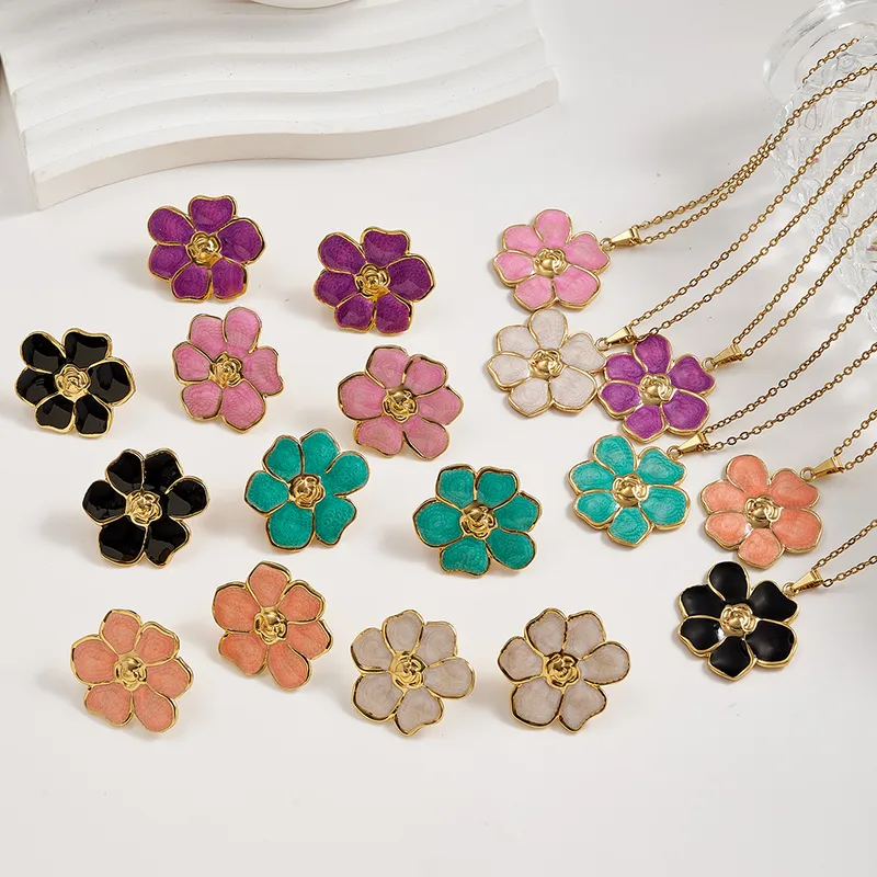 Wholesale European And American Hot-Selling Fashion INS Style 304 Stainless Steel Water Plated Imitation Gold Colorful Oil Drop Flower Earrings Neckla