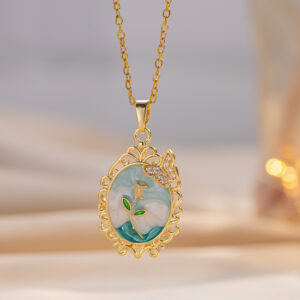 A3 blue painted oil rose necklace