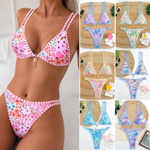 Wholesale 2025 New Bikini European and American Cross-Border Split Swimsuit Lace-Up Fashion Printed Women's Swimsuit Beach Two-Piece Set