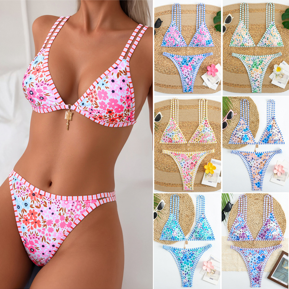 Wholesale 2025 New Bikini European and American Cross-Border Split Swimsuit Lace- Fashion Printed Women's Swimsuit Beach Two-Piece Set