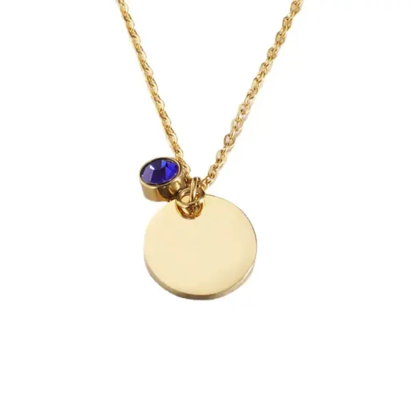 Wholesale Mirror Finish Stainless Steel Pendant Necklace Simple Personalized Round Disc Birthstone Charm Jewelry Accessory