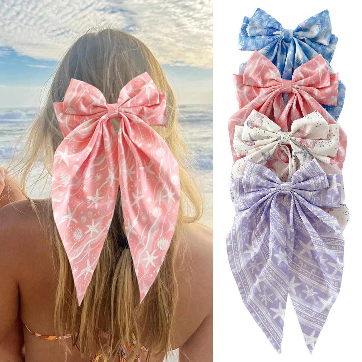 Wholesale Summer beach hair clip with starfish and seashell print, long ribbon bow, spring clip, stylish hair aessory for women.